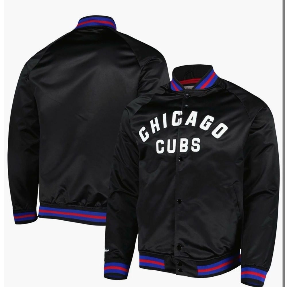 Men's Mitchell & Ness Black Chicago Cubs Satin Raglan Full-Snap Varsity Jacket